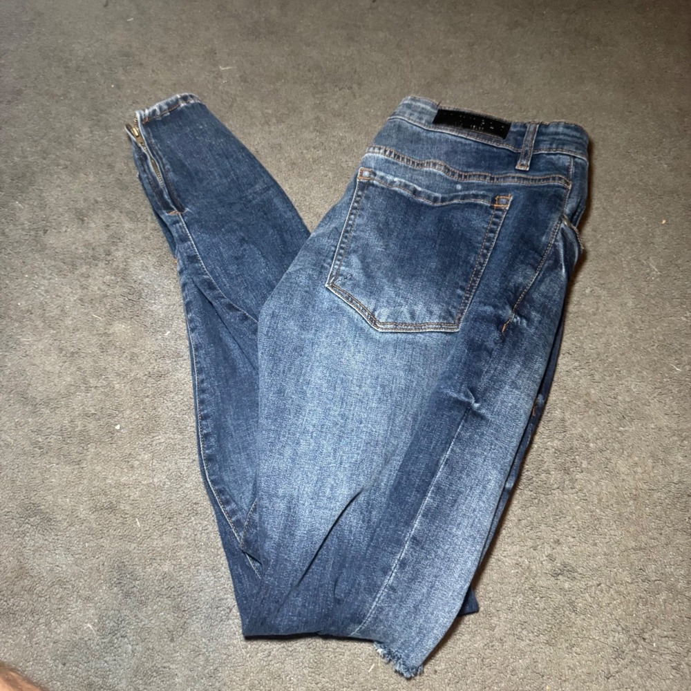 YoungLA Mens Skinny Distressed Blue Jeans Ripped Knee Ankle Zip 34x32